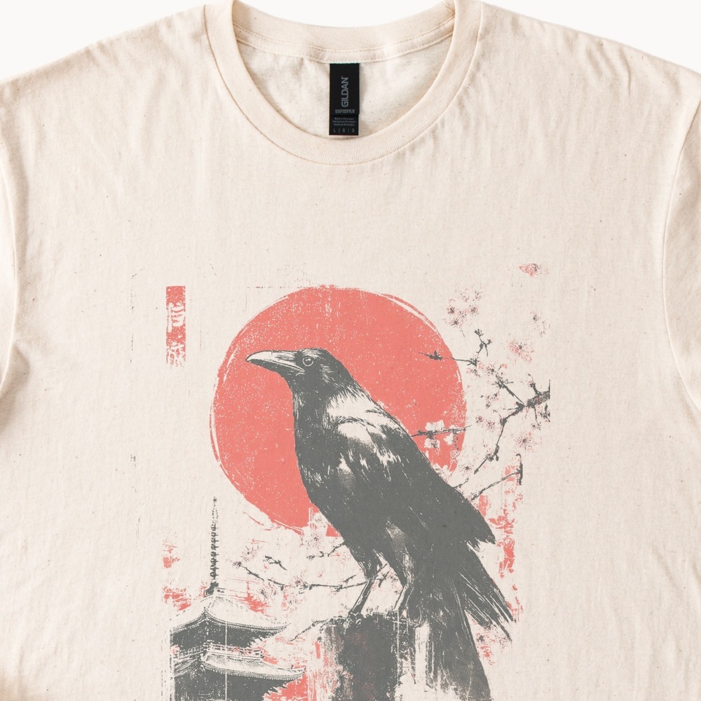 Asian Inspired Crane Graphic Tee with Pagoda and Blossoms